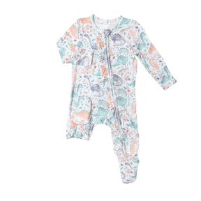 Angel Dear Dino Pink bamboo ruffle zipper footie front view