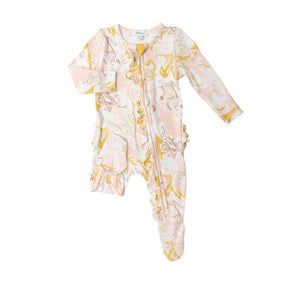Angel Dear Marble Pink bamboo ruffle zipper footie for baby girls, image 1