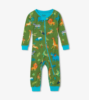 Hatley Safari Adventure green coverall with turquoise zipper and animal print, front view