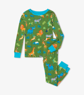 Hatley Safari Adventure boys pajama set, front view with green animal print, blue trim and matching cuffed pants.