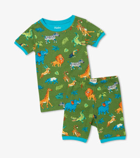 Hatley Safari Adventure green short pajama top and shorts with turquoise trim, front view