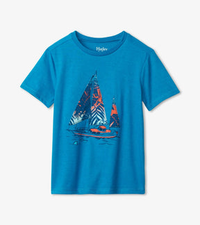 Hatley boys bright blue cotton tee with colorful sailboat graphic, front view
