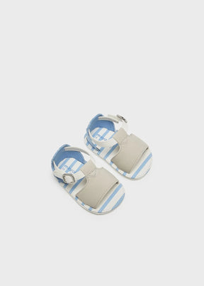 Beige and blue gingham newborn boy sandals, angled top view