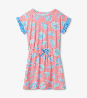 Hatley coral pink Seashells cinched waist dress with blue trim, front view