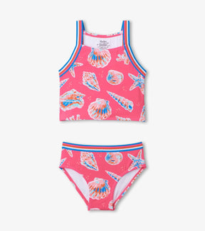 Front view of Hatley pink Seashells tankini set with cropped top and matching bottoms