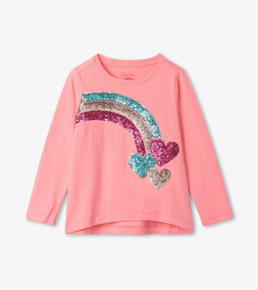 Hatley girls coral long sleeve tee with sequin rainbow and heart design, front view
