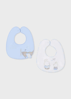 Pale blue and white Mayoral baby bib set with animal designs, front view
