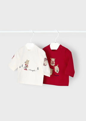 Red animal-face and ivory skier long-sleeve baby T-shirts