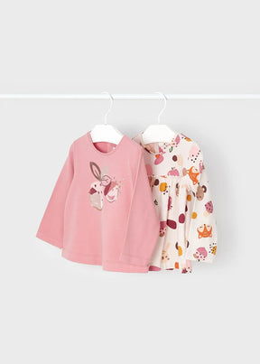 Two Mayoral baby girls tops: pink rabbit graphic and ivory autumn print