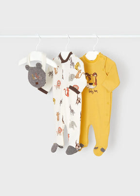 Yellow tiger and ivory safari footed sleepsuits with grey bear bib