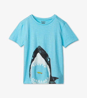Hatley boys aqua blue tee with black-and-white shark mouth and tiny colorful fish, front view