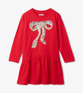 Hatley girls bright red long-sleeve party dress with silver and gold shimmer bow, front view