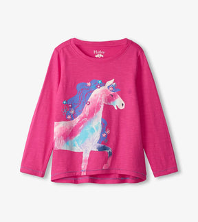 Front of Hatley girls' pink Shimmer Horse long-sleeve tee with colorful horse graphic