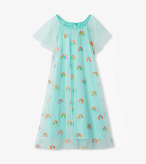 Hatley girls mint tulle dress with colorful embroidered rainbows and flutter sleeves, front view