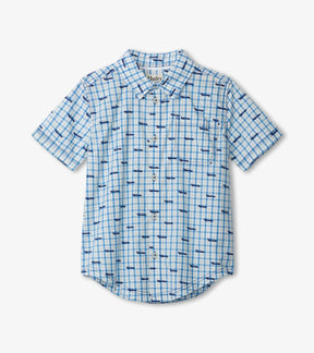 Hatley boys blue check short sleeve button-down with car silhouettes, front view