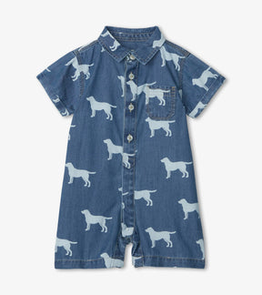 Hatley baby boys blue woven romper with white Labrador print and chest pocket, front view