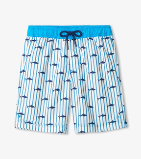 Hatley boys shark board shorts with aqua stripes, navy sharks and bright aqua waistband, front view