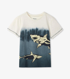 Hatley boys cream-to-navy ombré tee with skeletal shark graphics, front view