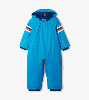 Hatley sky blue toddler Snowday suit with striped sleeves and dual zippers, front view