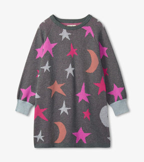 Hatley charcoal Skylight Galaxy sweater dress with pink stars, crescent moons and pale blue cuffs, front view
