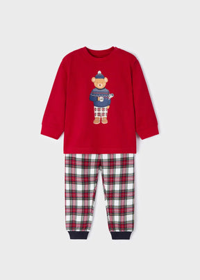 Front view of red bear top and plaid baby boys pajama pants