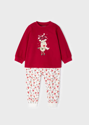 Front view of red reindeer baby pajama top with printed pants
