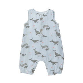Angel Dear Grey Whales cotton muslin sleeveless romper for baby boys, image 1