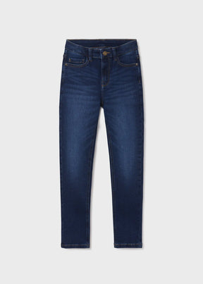 Front view of boys dark blue slim-fit denim jeans