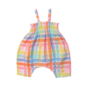 Angel Dear Multicolor Plaid cotton muslin smocked romper for baby girls