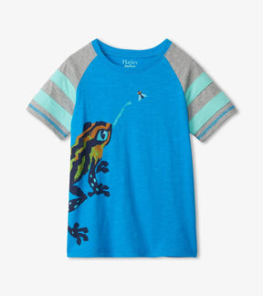 Hatley boys bright-blue raglan tee with striped sleeves and frog reaching toward a fly, front view