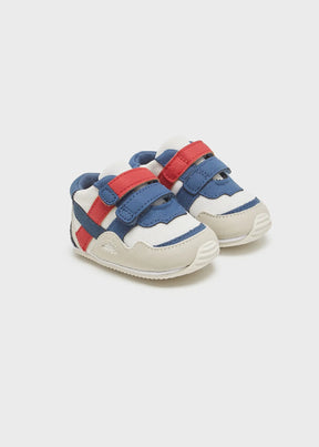 Navy, red and white newborn boy sneakers with double straps, pair view