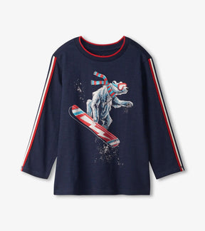 Front of Hatley navy Snowboarding Bear boys' tee with bear graphic and contrast sleeve stripes