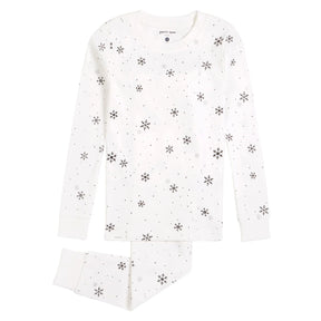 Petit Lem girls Snowflake organic cotton pajama set in Off-White/Gray with long sleeves and matching pants.