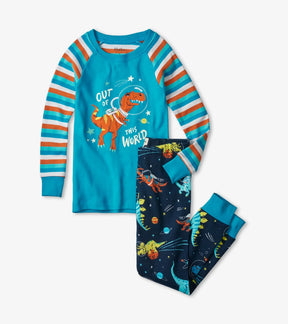 Hatley Space Dinos pajama set with aqua astronaut dinosaur top, striped raglan sleeves and navy printed pants.