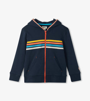 Hatley boys navy full-zip hoodie with multicolor chest stripes and orange zipper, front view