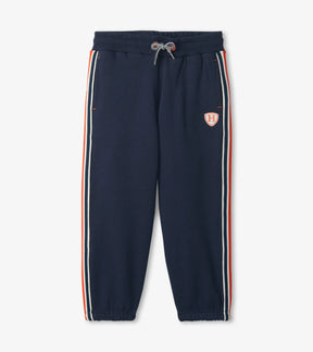 Hatley boys navy joggers with red white and blue side stripes, drawcord and crest