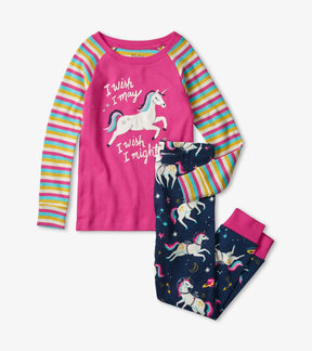 Hatley Space Unicorns pajamas with a pink unicorn appliqué top, rainbow-striped sleeves and navy unicorn-print pants.
