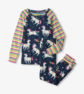 Hatley Space Unicorns girls pajama set with navy print and multicolor striped raglan sleeves
