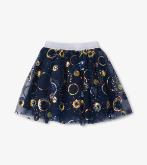 Hatley girls navy tulle skirt with multicolor sequin galaxy circles and silver waist
