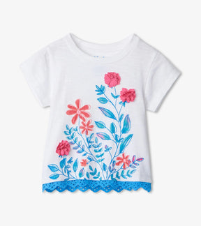 Hatley white Spring Blooms baby tee with floral appliqués and blue eyelet hem, front view