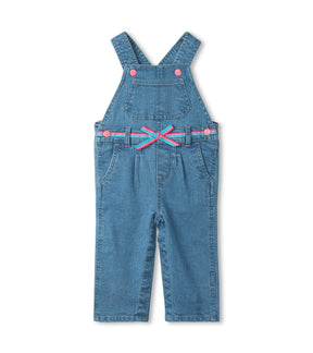 Hatley blue denim baby overalls with pink snaps and striped bow belt, front view