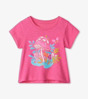 Hatley Spring Flora bright-pink baby tee with mushroom and flower graphic, front view