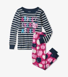 Hatley Stamped Apples pajama set with navy striped appliqué top and pink apple-print pants