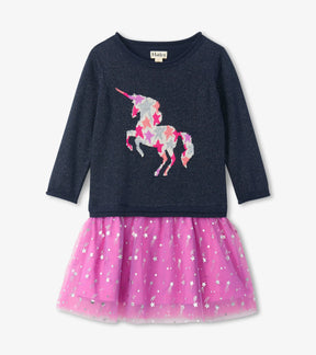 Front of Hatley Star Cluster Unicorn dress with navy unicorn knit bodice and pink tulle skirt with silver stars