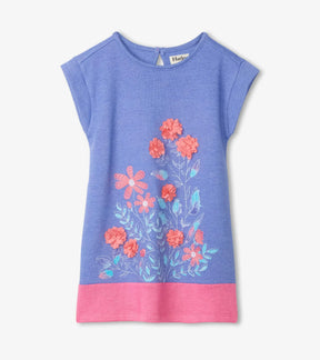 Hatley girls blue Summer Flowers A-line dress with pink hem and floral accents, front view