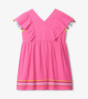 Hatley bright pink Summer Rose cross-front dress with tassel sleeves, front view