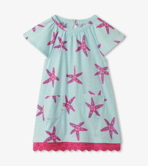 Hatley Sun Kissed Starfish aqua striped cotton dress with pink eyelet hem, front view