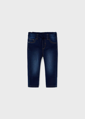 Front view of dark blue baby girls super skinny denim pants