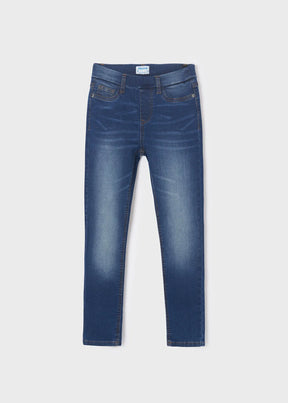 Dark blue super-skinny girls denim pants, front view