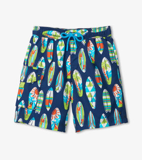 Hatley boys navy Surfs Up board shorts with colorful surfboards, turquoise drawcord and cargo pocket, front view